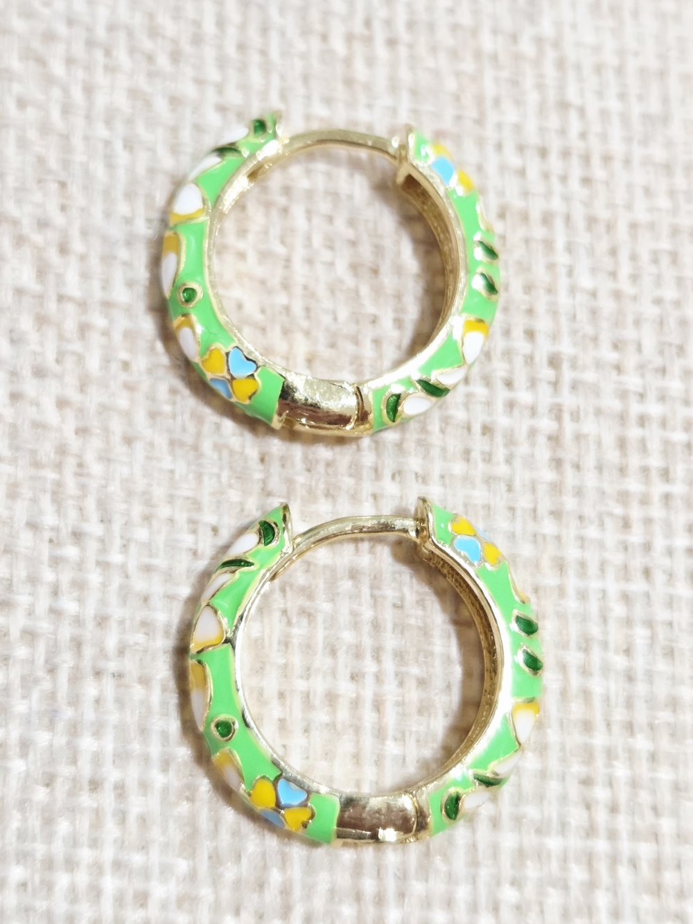 Green Enamel Floral Hoop Earrings - Women Jewelry